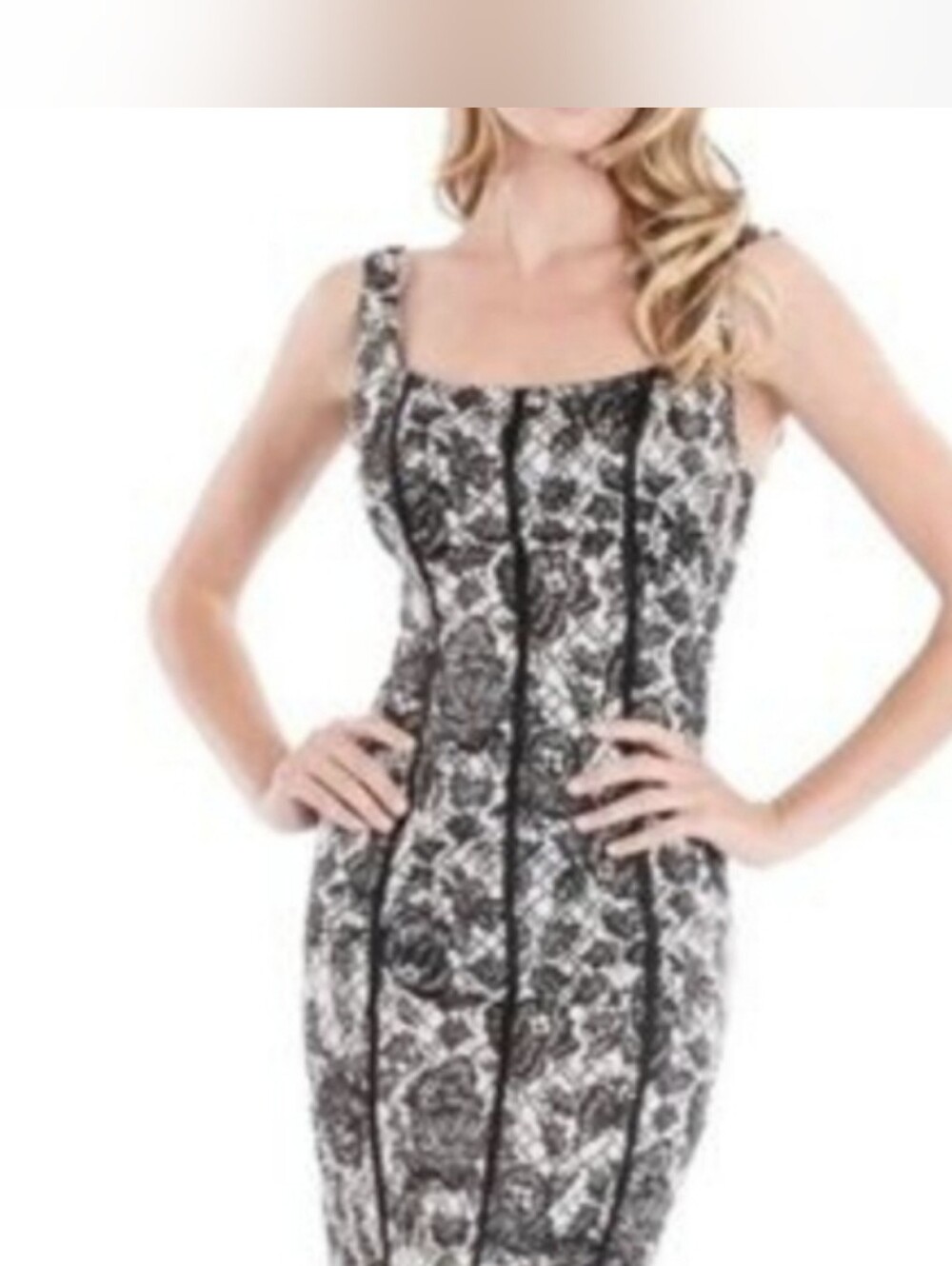 GUESS Black and White Lace-Print Dress